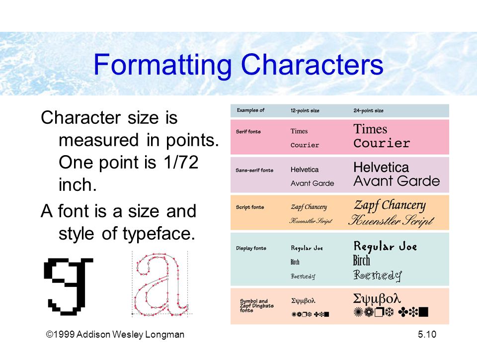 ©1999 Addison Wesley Longman5.10 Formatting Characters Character size is measured in points.