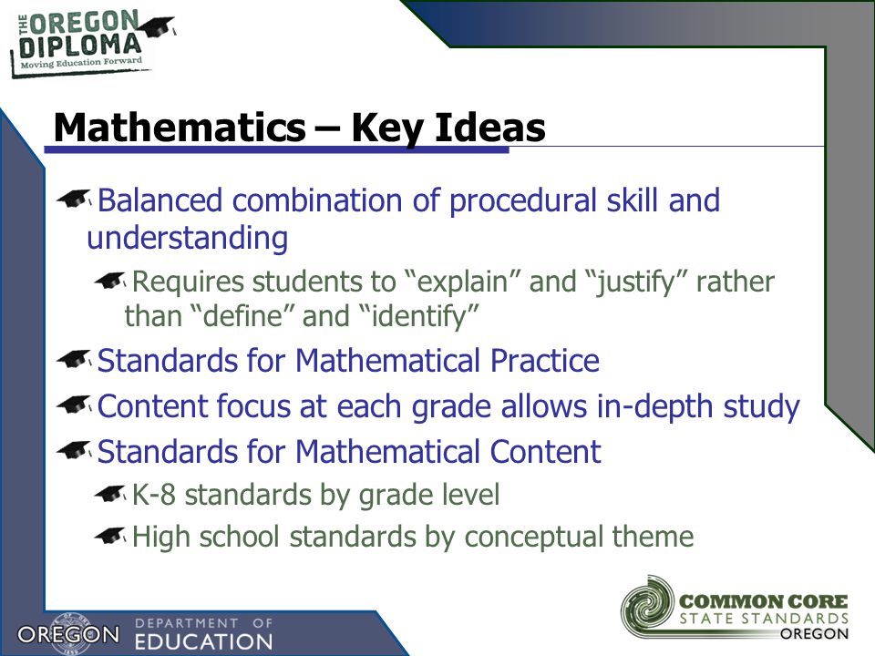 Mathematics – Key Ideas Balanced combination of procedural skill and understanding Requires students to explain and justify rather than define and identify Standards for Mathematical Practice Content focus at each grade allows in-depth study Standards for Mathematical Content K-8 standards by grade level High school standards by conceptual theme
