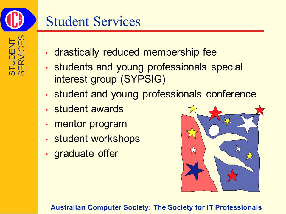 Australian Computer Society: The Society for IT Professionals Student Services drastically reduced membership fee students and young professionals special interest group (SYPSIG) student and young professionals conference student awards mentor program student workshops graduate offer STUDENT SERVICES