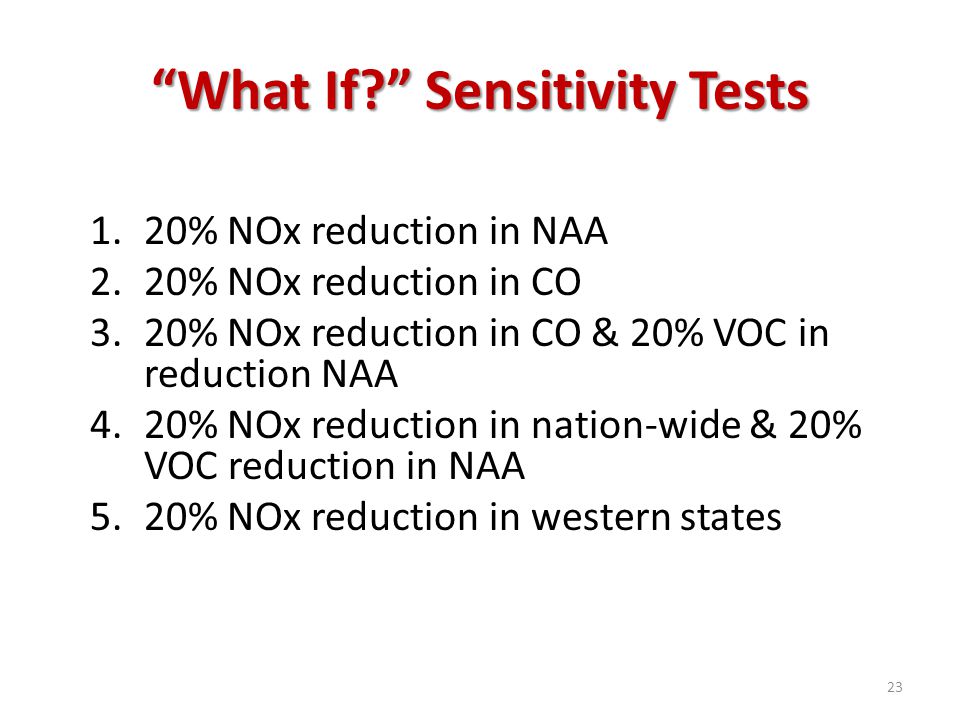 What If Sensitivity Tests 1.20% NOx reduction in NAA 2.20% NOx reduction in CO 3.20% NOx reduction in CO & 20% VOC in reduction NAA 4.20% NOx reduction in nation-wide & 20% VOC reduction in NAA 5.20% NOx reduction in western states 23
