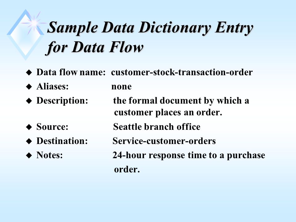 Sample Data Dictionary Entry for Data Flow u Data flow name: customer-stock-transaction-order u Aliases: none u Description: the formal document by which a customer places an order.