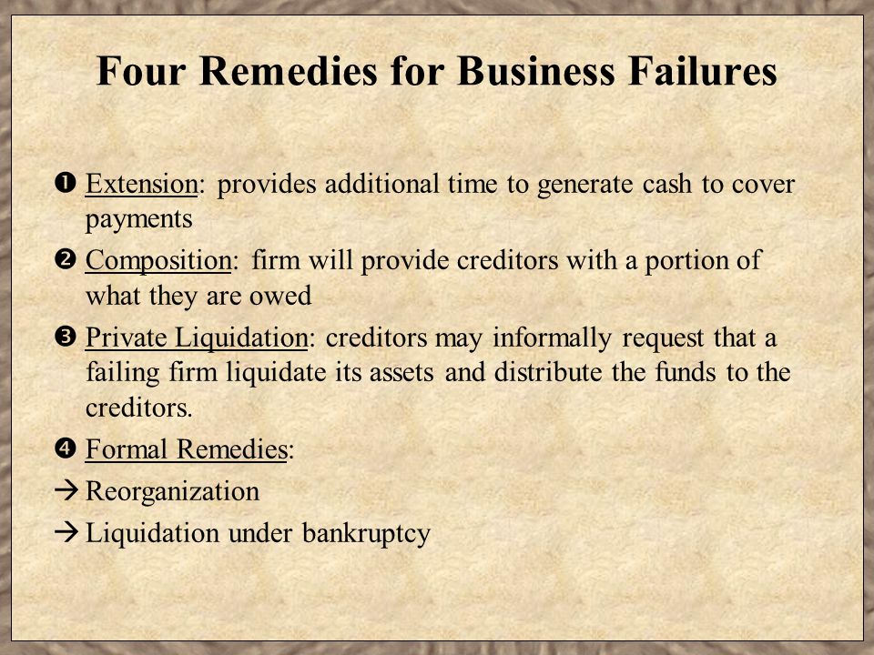 Four Remedies for Business Failures  Extension: provides additional time to generate cash to cover payments  Composition: firm will provide creditors with a portion of what they are owed  Private Liquidation: creditors may informally request that a failing firm liquidate its assets and distribute the funds to the creditors.