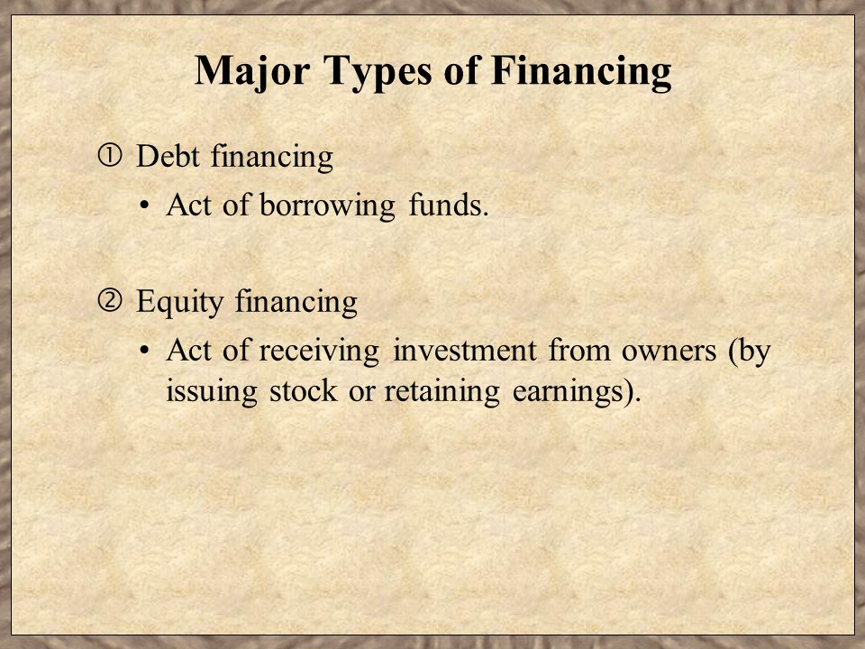 Major Types of Financing  Debt financing Act of borrowing funds.