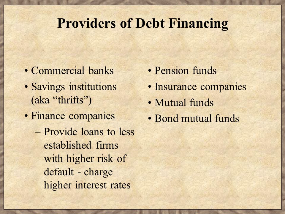 Providers of Debt Financing Commercial banks Savings institutions (aka thrifts ) Finance companies –Provide loans to less established firms with higher risk of default - charge higher interest rates Pension funds Insurance companies Mutual funds Bond mutual funds