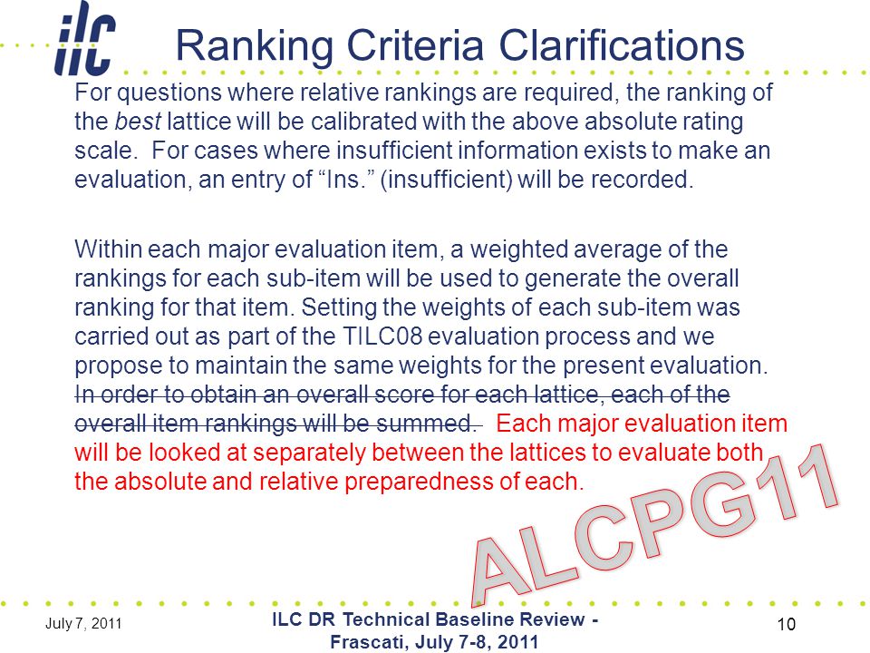Ranking Criteria Clarifications For questions where relative rankings are required, the ranking of the best lattice will be calibrated with the above absolute rating scale.