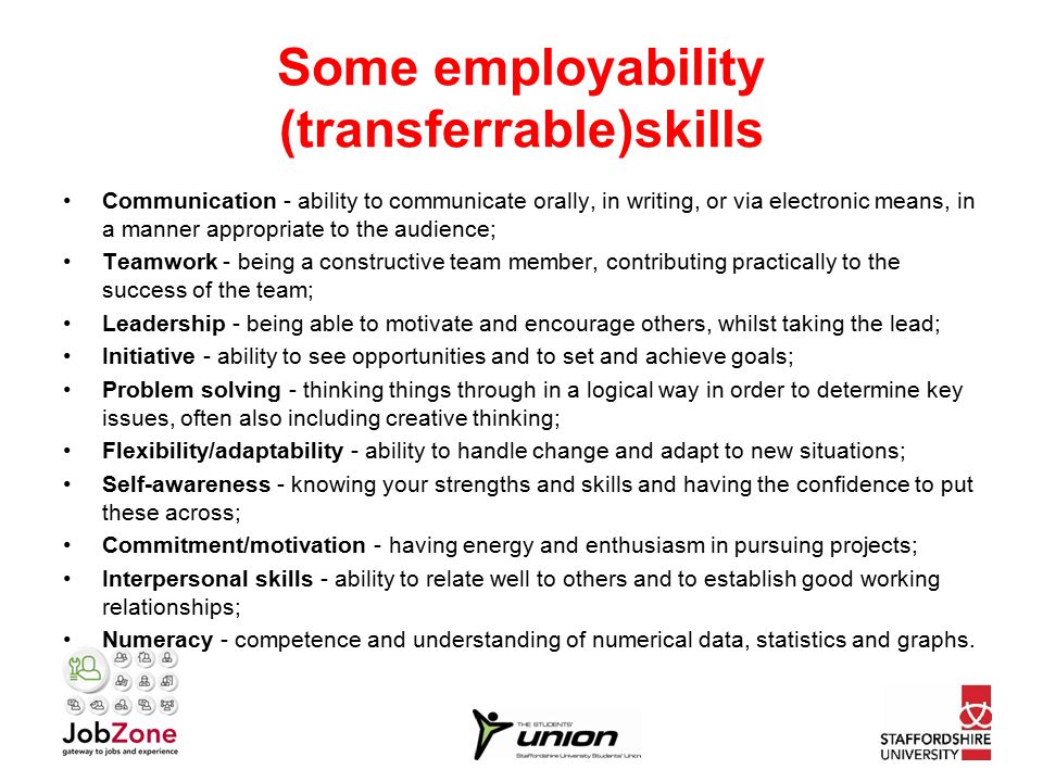 Some employability (transferrable)skills Communication - ability to communicate orally, in writing, or via electronic means, in a manner appropriate to the audience; Teamwork - being a constructive team member, contributing practically to the success of the team; Leadership - being able to motivate and encourage others, whilst taking the lead; Initiative - ability to see opportunities and to set and achieve goals; Problem solving - thinking things through in a logical way in order to determine key issues, often also including creative thinking; Flexibility/adaptability - ability to handle change and adapt to new situations; Self-awareness - knowing your strengths and skills and having the confidence to put these across; Commitment/motivation - having energy and enthusiasm in pursuing projects; Interpersonal skills - ability to relate well to others and to establish good working relationships; Numeracy - competence and understanding of numerical data, statistics and graphs.