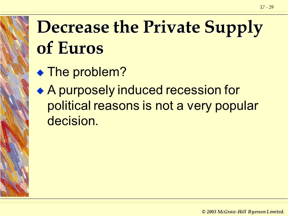 © 2003 McGraw-Hill Ryerson Limited. Decrease the Private Supply of Euros u The problem.