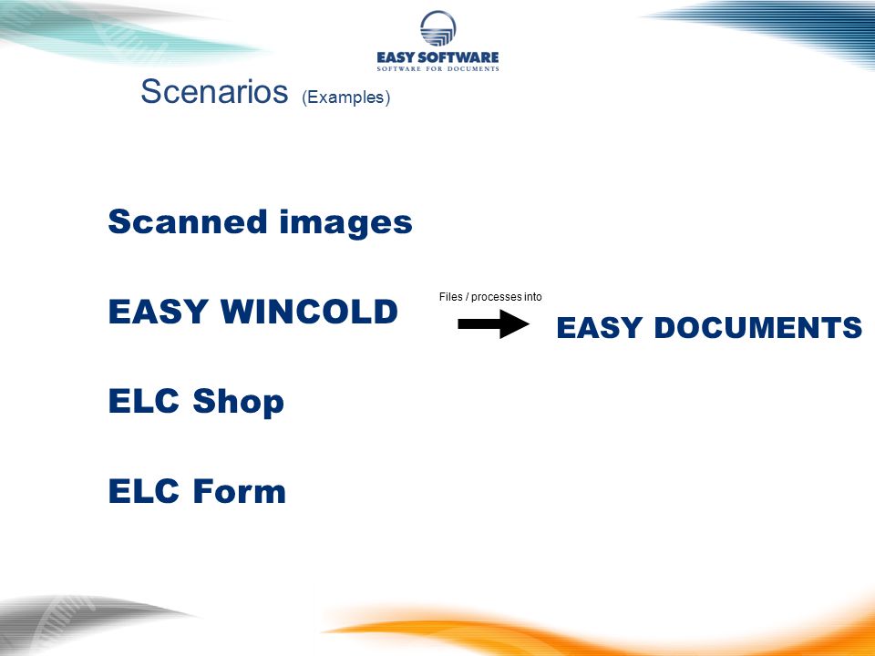 Scenarios (Examples)  Scanned images  EASY WINCOLD  ELC Shop  ELC Form EASY DOCUMENTS Files / processes into