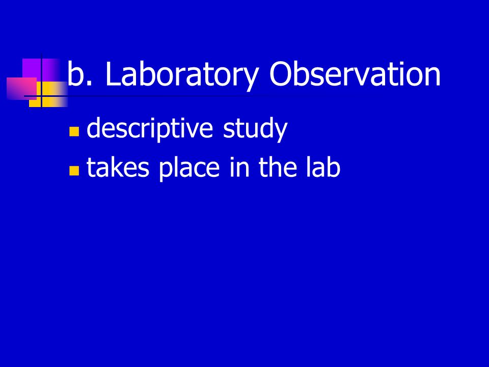 b. Laboratory Observation descriptive study takes place in the lab