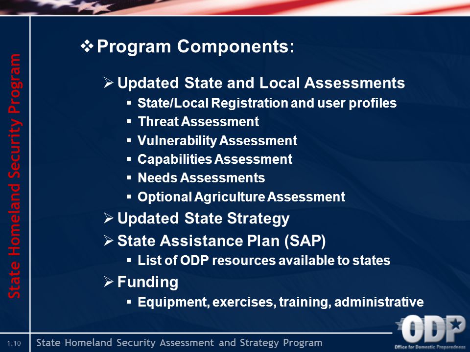 State Homeland Security Assessment and Strategy Program 1.10  Program Components:  Updated State and Local Assessments  State/Local Registration and user profiles  Threat Assessment  Vulnerability Assessment  Capabilities Assessment  Needs Assessments  Optional Agriculture Assessment  Updated State Strategy  State Assistance Plan (SAP)  List of ODP resources available to states  Funding  Equipment, exercises, training, administrative State Homeland Security Program