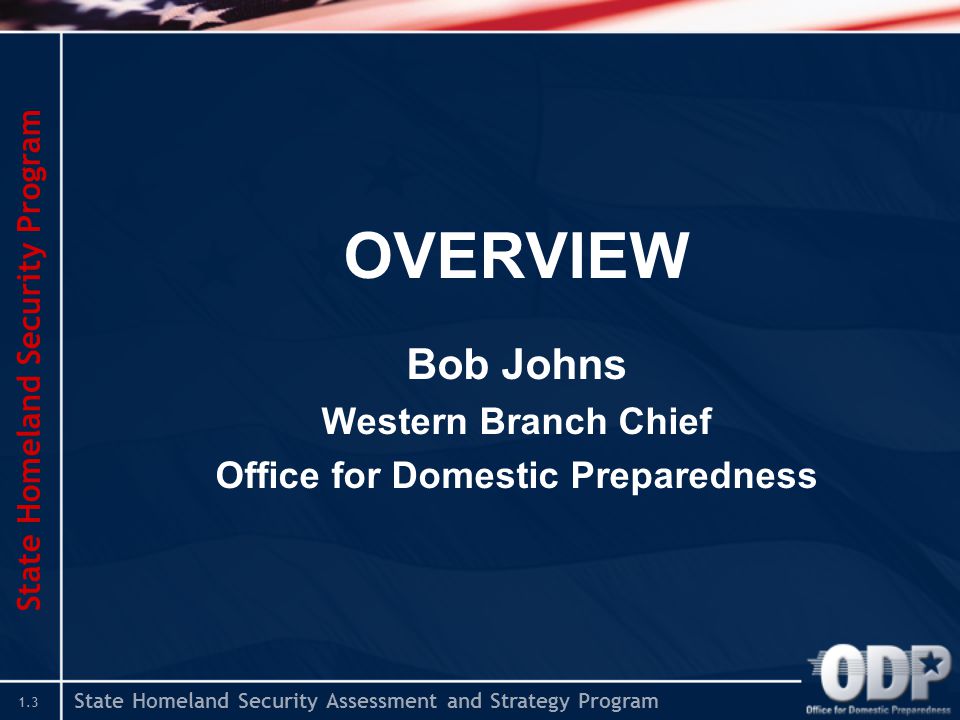 State Homeland Security Assessment and Strategy Program 1.3 OVERVIEW Bob Johns Western Branch Chief Office for Domestic Preparedness State Homeland Security Program
