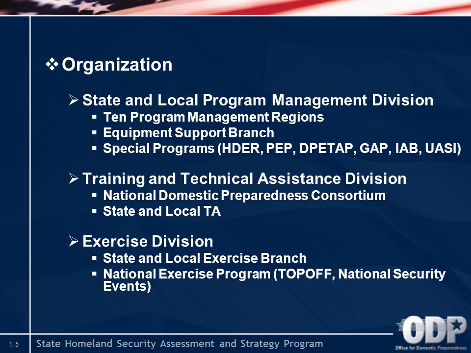State Homeland Security Assessment and Strategy Program 1.5  Organization  State and Local Program Management Division  Ten Program Management Regions  Equipment Support Branch  Special Programs (HDER, PEP, DPETAP, GAP, IAB, UASI)  Training and Technical Assistance Division  National Domestic Preparedness Consortium  State and Local TA  Exercise Division  State and Local Exercise Branch  National Exercise Program (TOPOFF, National Security Events)