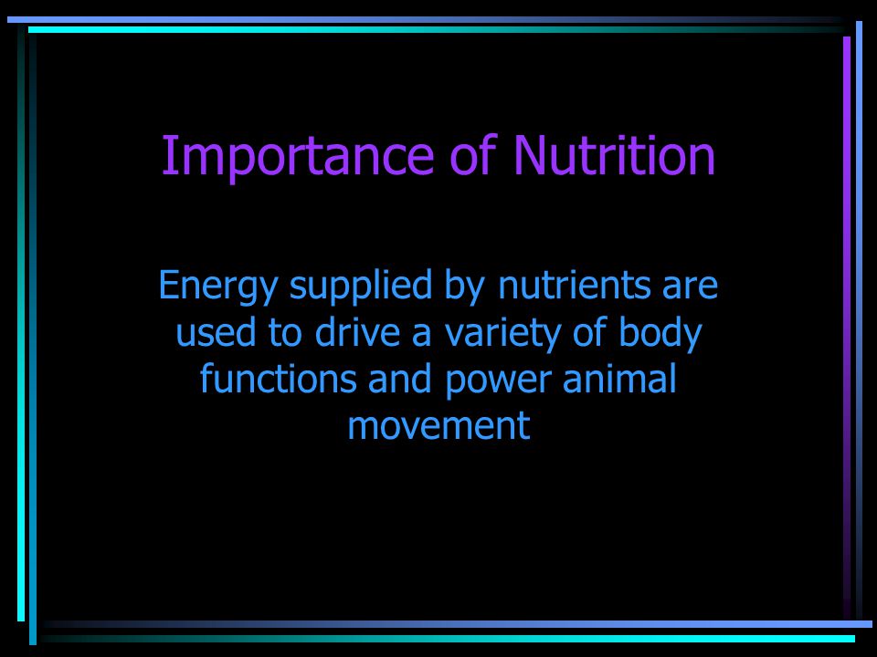 Importance of Nutrition Energy supplied by nutrients are used to drive a variety of body functions and power animal movement