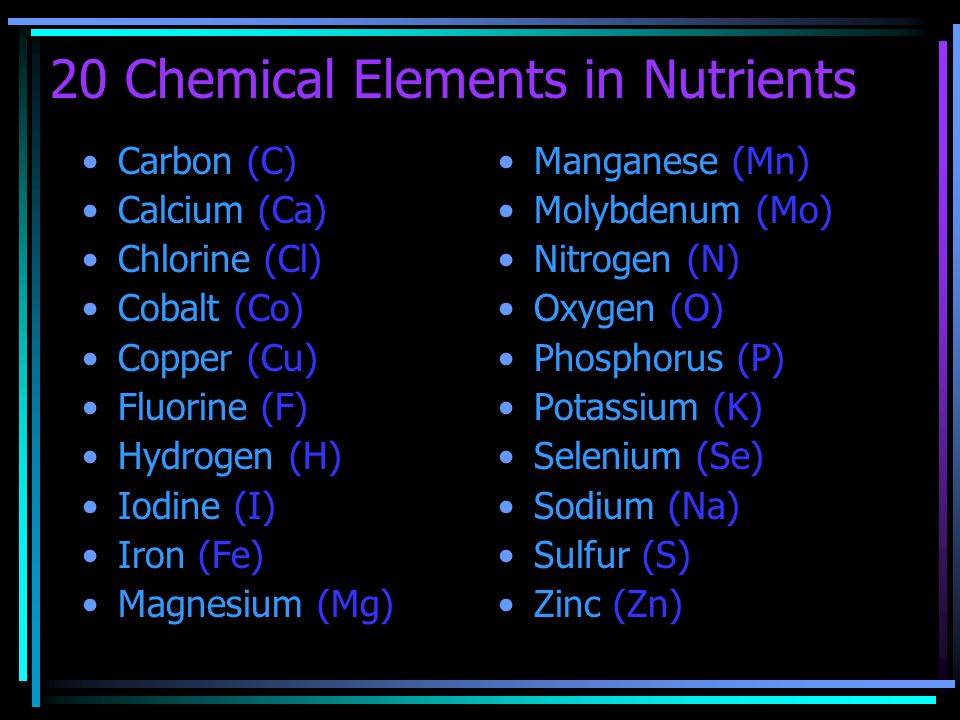 20 Chemical Elements in Nutrients Carbon (C) Calcium (Ca) Chlorine (Cl) Cobalt (Co) Copper (Cu) Fluorine (F) Hydrogen (H) Iodine (I) Iron (Fe) Magnesium (Mg) Manganese (Mn) Molybdenum (Mo) Nitrogen (N) Oxygen (O) Phosphorus (P) Potassium (K) Selenium (Se) Sodium (Na) Sulfur (S) Zinc (Zn)