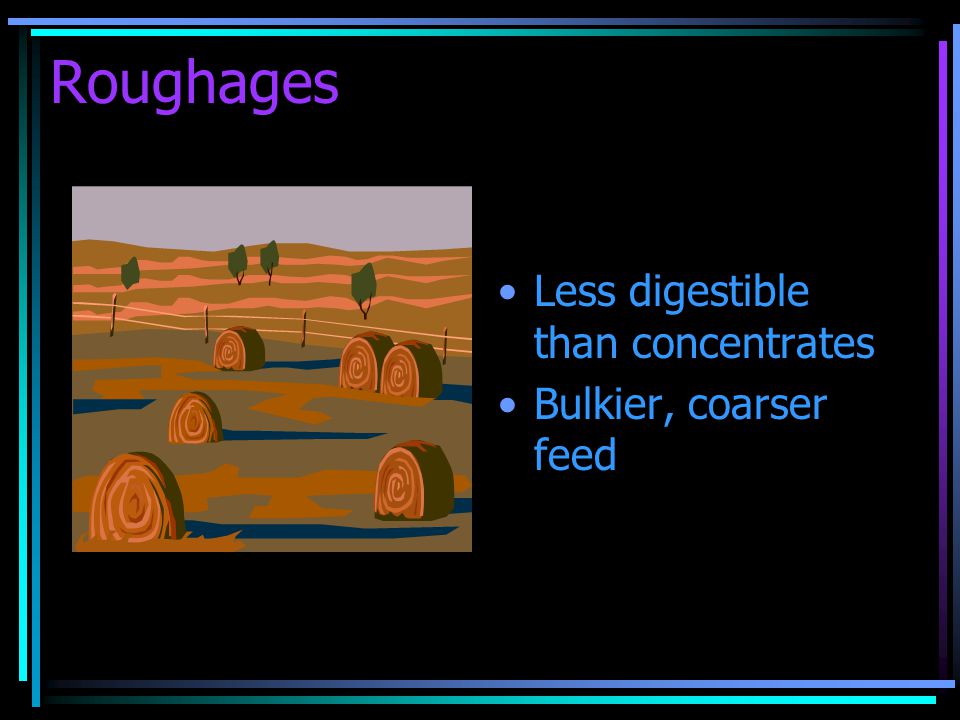Roughages Less digestible than concentrates Bulkier, coarser feed