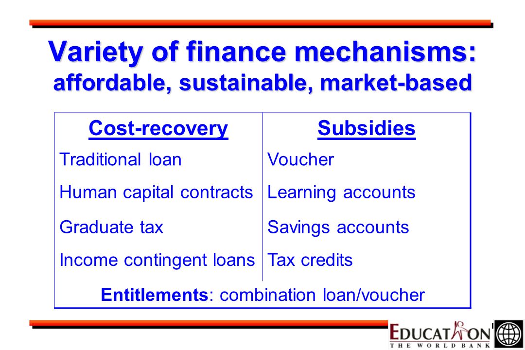 Variety of finance mechanisms: affordable, sustainable, market-based Cost-recoverySubsidies Traditional loanVoucher Human capital contractsLearning accounts Graduate taxSavings accounts Income contingent loansTax credits Entitlements: combination loan/voucher