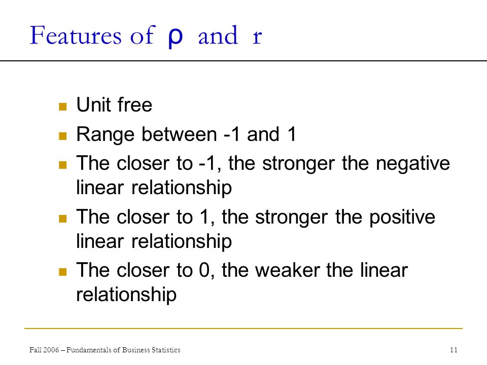 Fall 2006 – Fundamentals of Business Statistics 11 Features of ρ  and r Unit free Range between -1 and 1 The closer to -1, the stronger the negative linear relationship The closer to 1, the stronger the positive linear relationship The closer to 0, the weaker the linear relationship