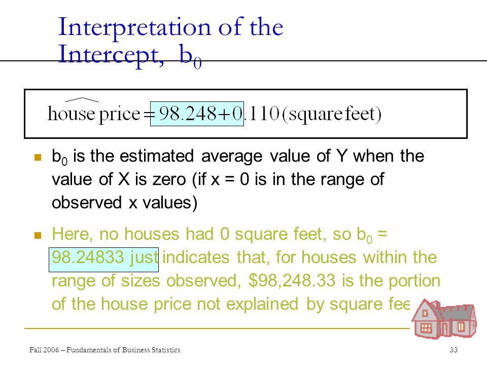 Fall 2006 – Fundamentals of Business Statistics 33 Interpretation of the Intercept, b 0 b 0 is the estimated average value of Y when the value of X is zero (if x = 0 is in the range of observed x values) Here, no houses had 0 square feet, so b 0 = just indicates that, for houses within the range of sizes observed, $98, is the portion of the house price not explained by square feet