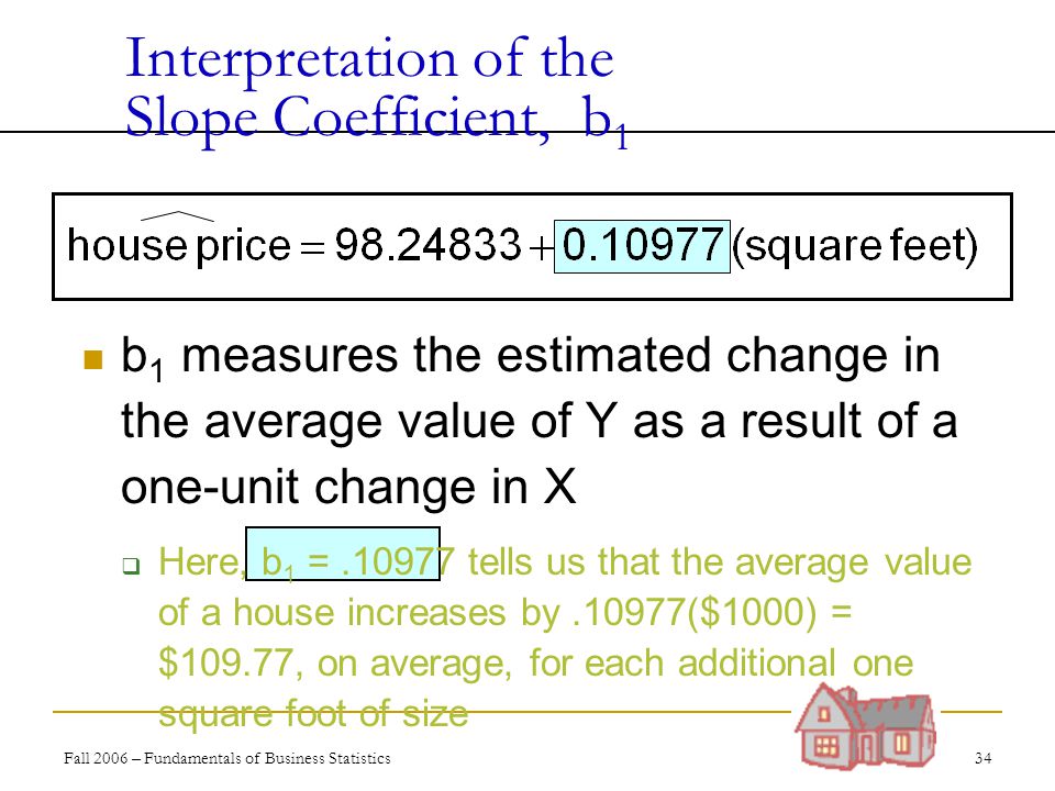 Fall 2006 – Fundamentals of Business Statistics 34 Interpretation of the Slope Coefficient, b 1 b 1 measures the estimated change in the average value of Y as a result of a one-unit change in X  Here, b 1 = tells us that the average value of a house increases by.10977($1000) = $109.77, on average, for each additional one square foot of size