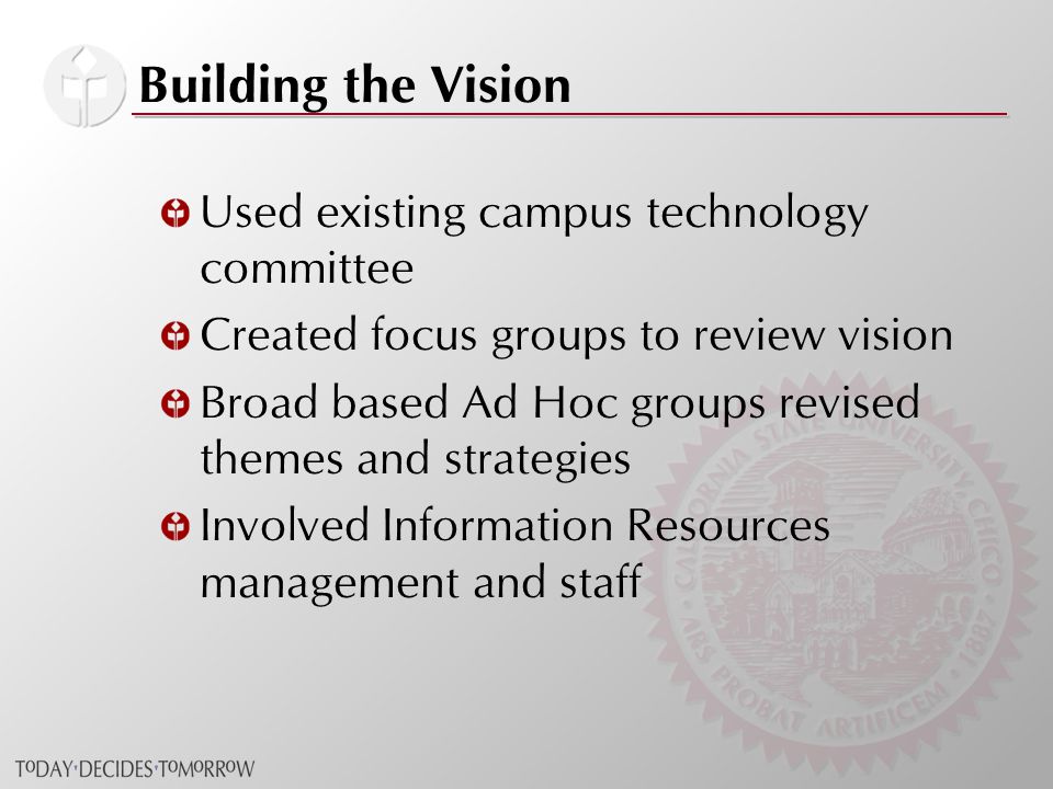 Building the Vision Used existing campus technology committee Created focus groups to review vision Broad based Ad Hoc groups revised themes and strategies Involved Information Resources management and staff