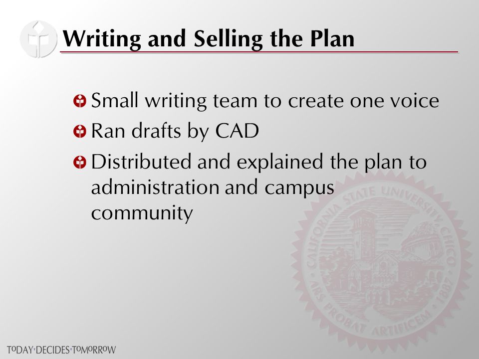 Writing and Selling the Plan Small writing team to create one voice Ran drafts by CAD Distributed and explained the plan to administration and campus community