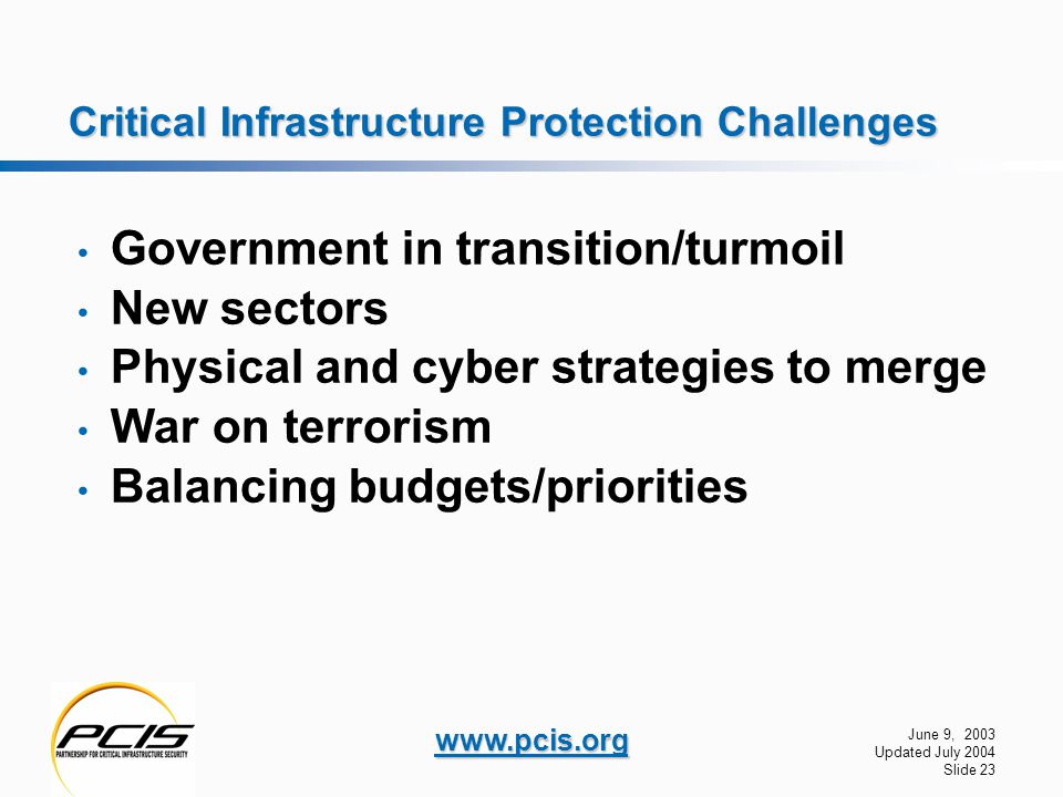 June 9, 2003 Updated July 2004 Slide 23   Critical Infrastructure Protection Challenges Government in transition/turmoil New sectors Physical and cyber strategies to merge War on terrorism Balancing budgets/priorities