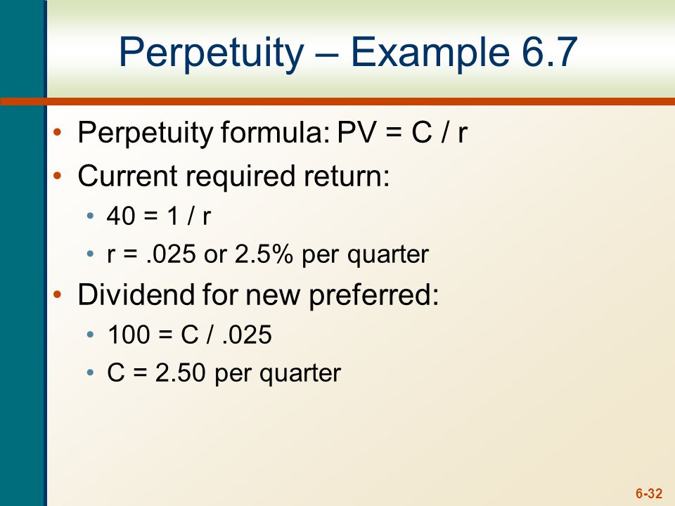 6-32 Perpetuity – Example 6.7 Perpetuity formula: PV = C / r Current required return: 40 = 1 / r r =.025 or 2.5% per quarter Dividend for new preferred: 100 = C /.025 C = 2.50 per quarter