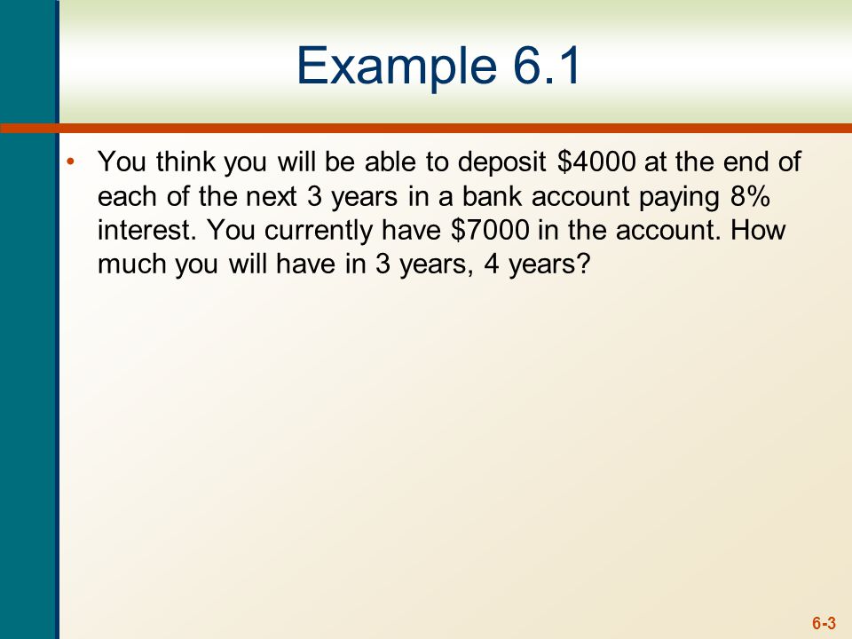 6-3 Example 6.1 You think you will be able to deposit $4000 at the end of each of the next 3 years in a bank account paying 8% interest.