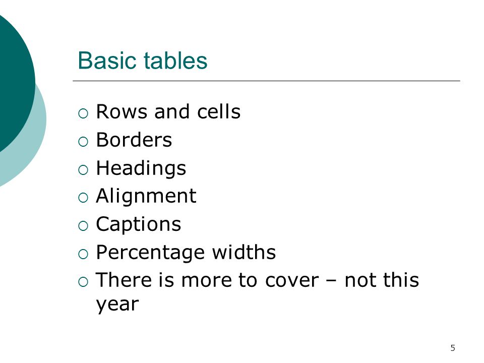 5 Basic tables  Rows and cells  Borders  Headings  Alignment  Captions  Percentage widths  There is more to cover – not this year