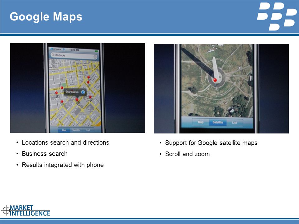 RIM INTERNAL Google Maps Locations search and directions Business search Results integrated with phone Support for Google satellite maps Scroll and zoom
