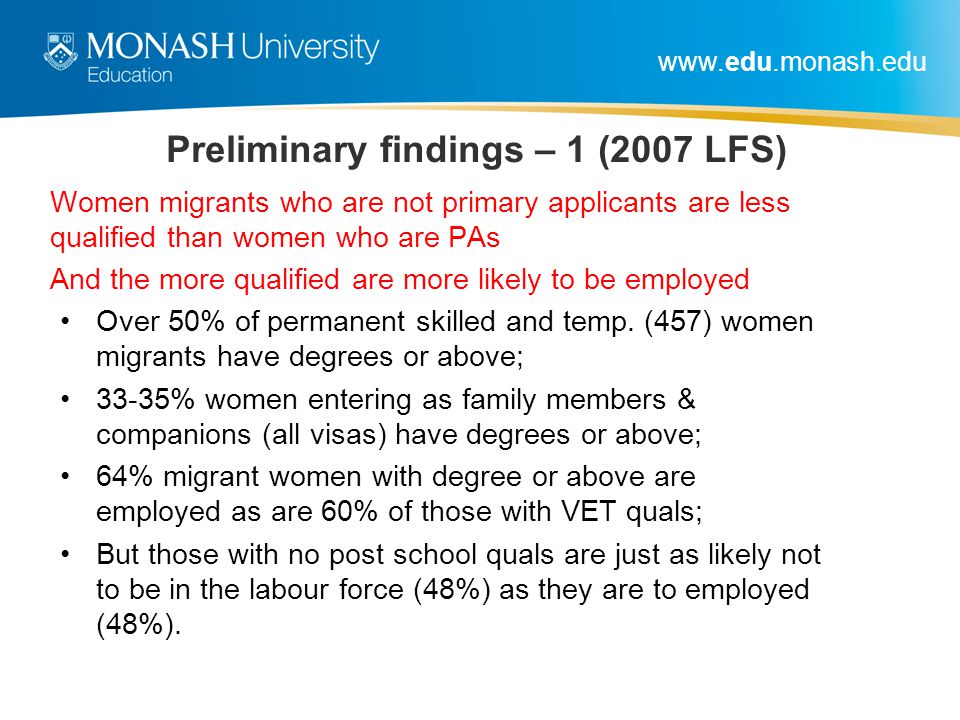 Preliminary findings – 1 (2007 LFS) Women migrants who are not primary applicants are less qualified than women who are PAs And the more qualified are more likely to be employed Over 50% of permanent skilled and temp.