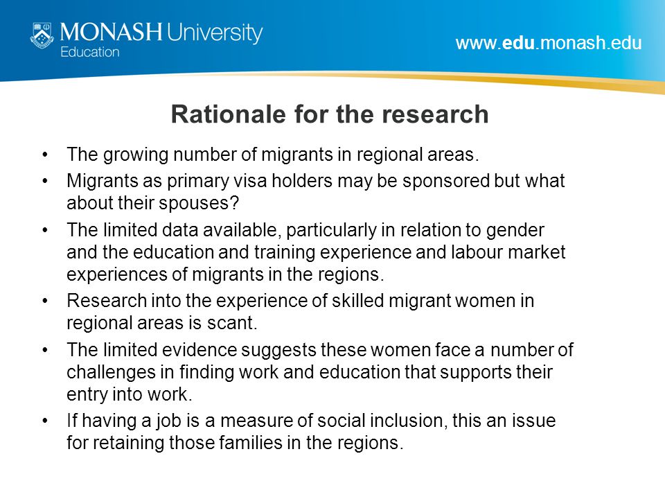 Rationale for the research The growing number of migrants in regional areas.