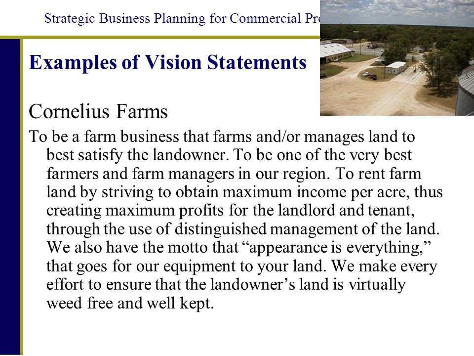 Strategic Business Planning for Commercial Producers Cornelius Farms To be a farm business that farms and/or manages land to best satisfy the landowner.