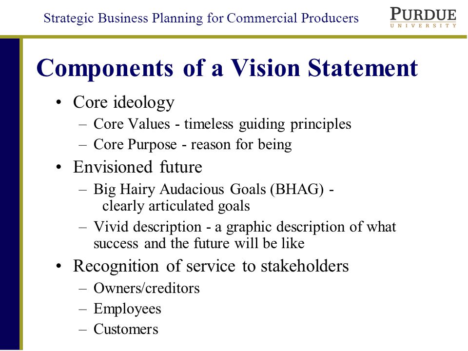 Strategic Business Planning for Commercial Producers Components of a Vision Statement Core ideology –Core Values - timeless guiding principles –Core Purpose - reason for being Envisioned future –Big Hairy Audacious Goals (BHAG) - clearly articulated goals –Vivid description - a graphic description of what success and the future will be like Recognition of service to stakeholders –Owners/creditors –Employees –Customers