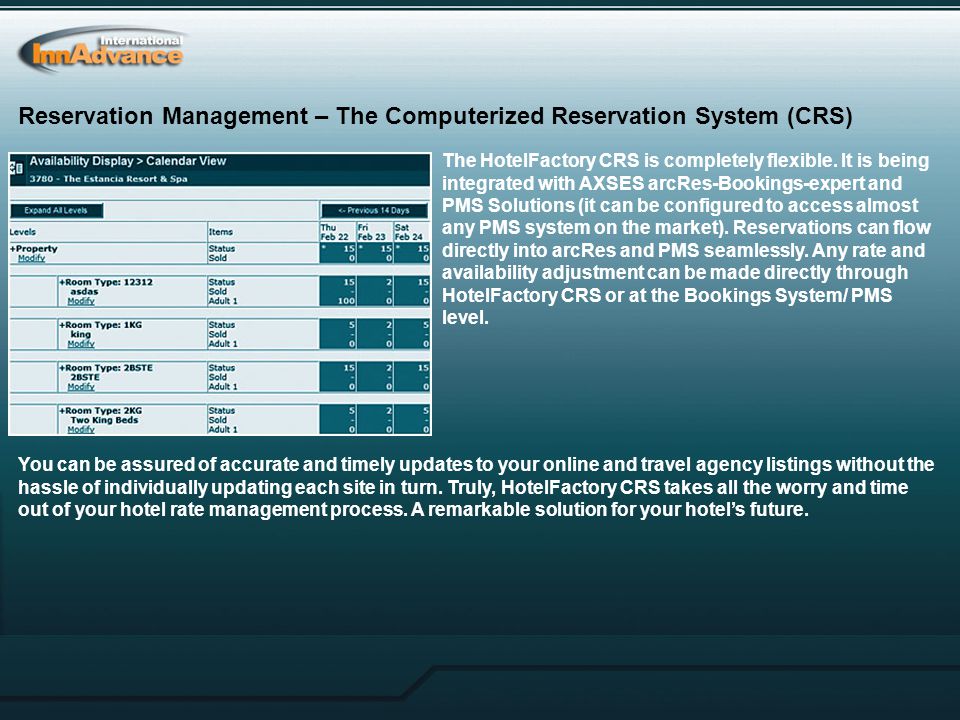 Reservation Management – The Computerized Reservation System (CRS) The HotelFactory CRS is completely flexible.