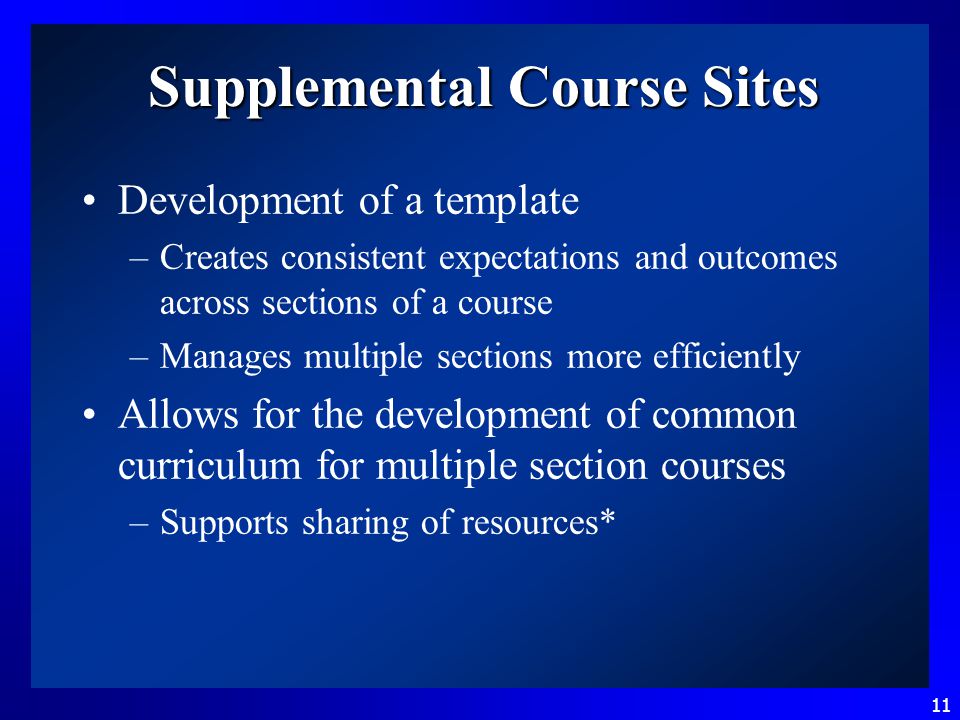 11 Supplemental Course Sites Development of a template –Creates consistent expectations and outcomes across sections of a course –Manages multiple sections more efficiently Allows for the development of common curriculum for multiple section courses –Supports sharing of resources*