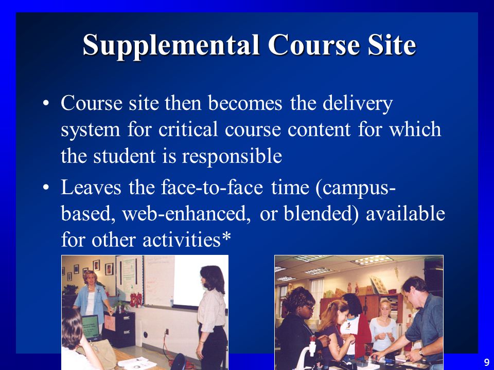 9 Supplemental Course Site Course site then becomes the delivery system for critical course content for which the student is responsible Leaves the face-to-face time (campus- based, web-enhanced, or blended) available for other activities*