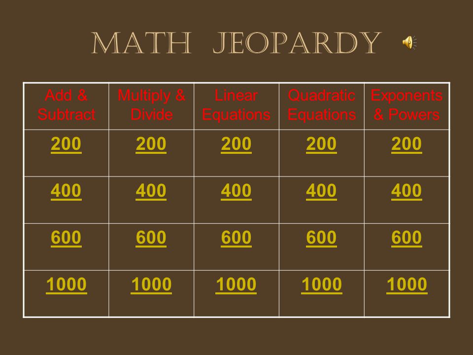 - Math Jeopardy: –This game follows general rules of Jeopardy –It has 5 categories, and each category has 4 choices –Teacher can use this game as a Group Activity by dividing the class in two or more groups –Don’t forget to have FUN…