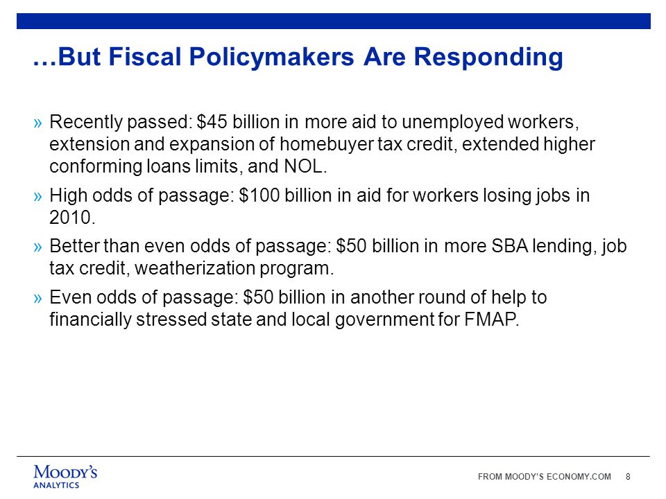FROM MOODY’S ECONOMY.COM8 …But Fiscal Policymakers Are Responding »Recently passed: $45 billion in more aid to unemployed workers, extension and expansion of homebuyer tax credit, extended higher conforming loans limits, and NOL.