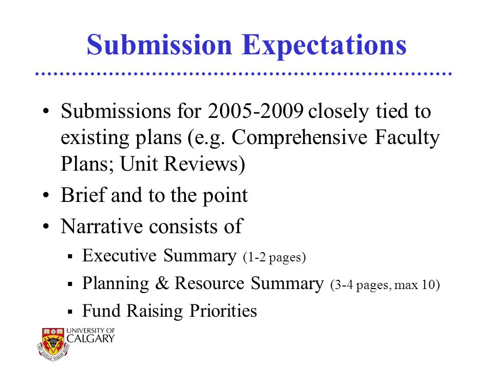 Submission Expectations Submissions for closely tied to existing plans (e.g.