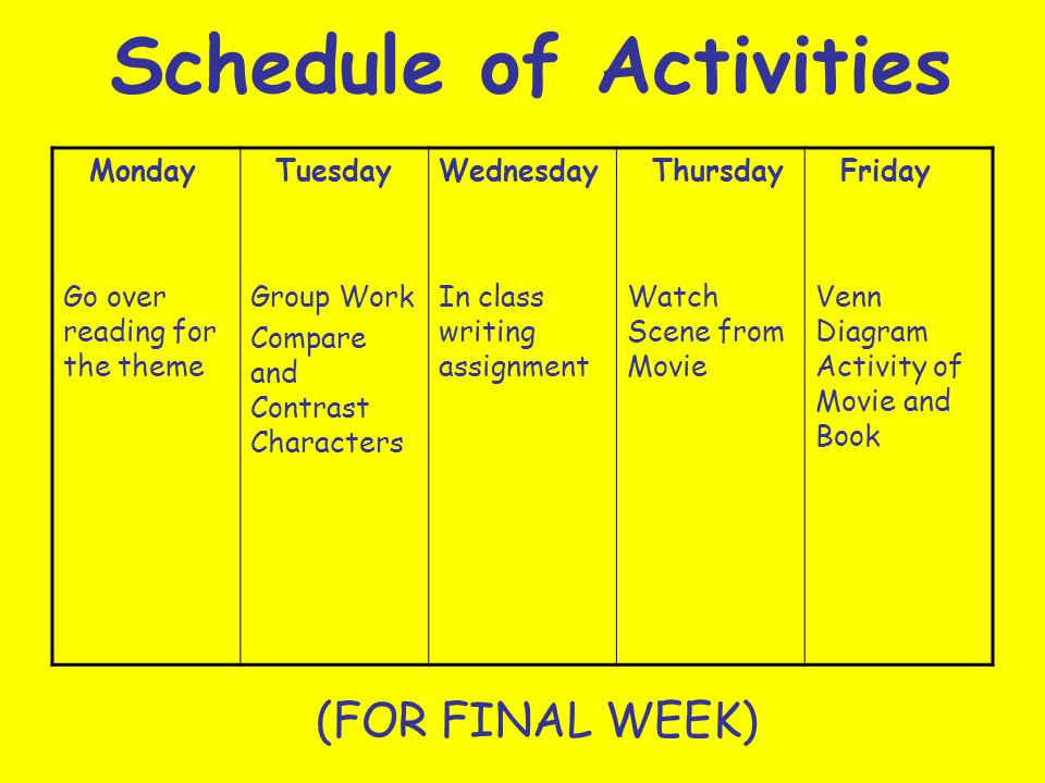 Schedule of Activities Monday Go over reading for the theme Tuesday Group Work Compare and Contrast Characters Wednesday In class writing assignment Thursday Watch Scene from Movie Friday Venn Diagram Activity of Movie and Book (FOR FINAL WEEK)