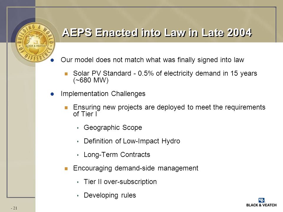 - 21 AEPS Enacted into Law in Late 2004 l Our model does not match what was finally signed into law n Solar PV Standard - 0.5% of electricity demand in 15 years (~680 MW) l Implementation Challenges n Ensuring new projects are deployed to meet the requirements of Tier I s Geographic Scope s Definition of Low-Impact Hydro s Long-Term Contracts n Encouraging demand-side management s Tier II over-subscription s Developing rules