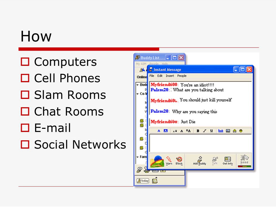 How  Computers  Cell Phones  Slam Rooms  Chat Rooms    Social Networks