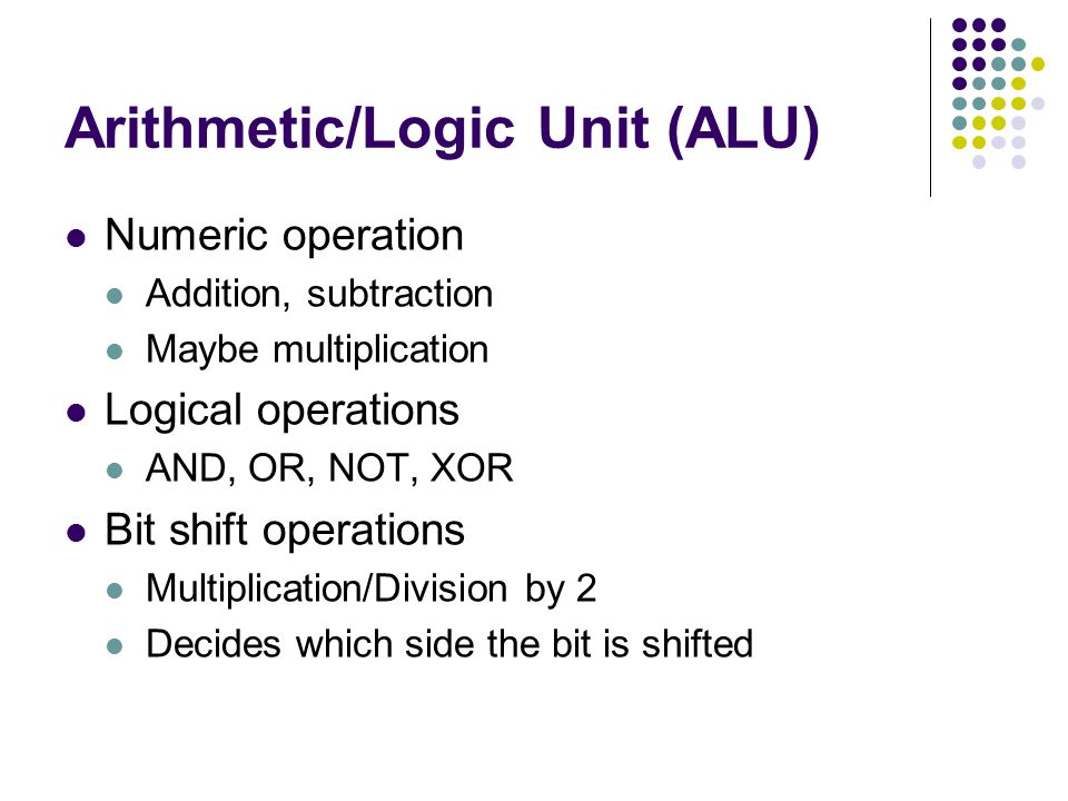Arithmetic/Logic Unit (ALU) Numeric operation Addition, subtraction Maybe multiplication Logical operations AND, OR, NOT, XOR Bit shift operations Multiplication/Division by 2 Decides which side the bit is shifted