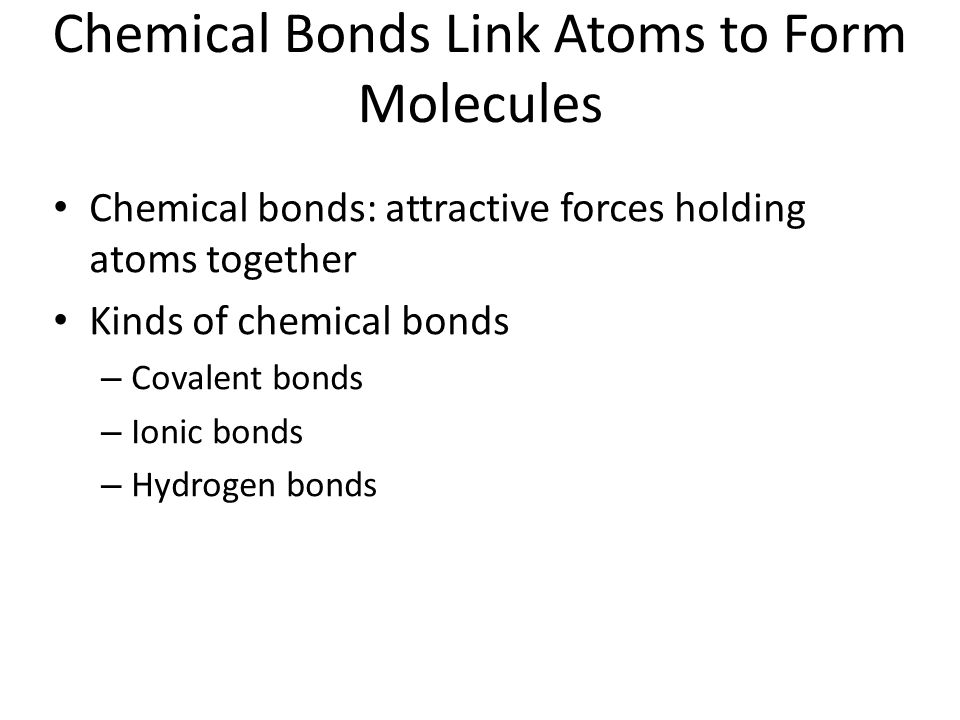 Chemical Bonds Link Atoms to Form Molecules Chemical bonds: attractive forces holding atoms together Kinds of chemical bonds – Covalent bonds – Ionic bonds – Hydrogen bonds