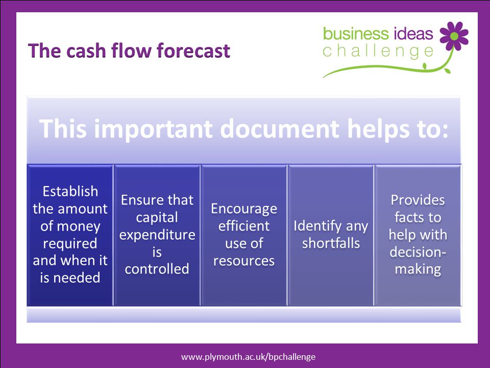 This important document helps to: Establish the amount of money required and when it is needed Ensure that capital expenditure is controlled Encourage efficient use of resources Identify any shortfalls Provides facts to help with decision- making