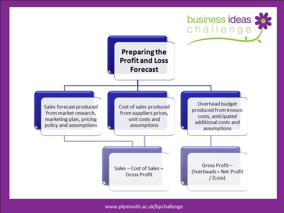 Preparing the Profit and Loss Forecast Sales forecast produced from market research, marketing plan, pricing policy and assumptions Sales – Cost of Sales = Gross Profit Cost of sales produced from suppliers prices, unit costs and assumptions Overhead budget produced from known costs, anticipated additional costs and assumptions Gross Profit – Overheads = Net Profit / (Loss)