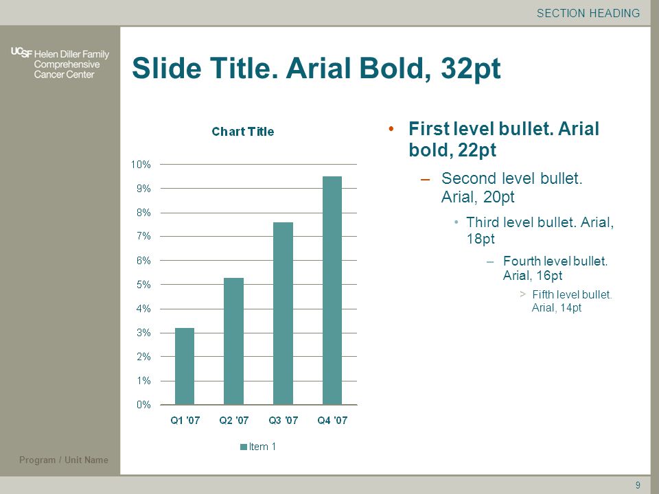Program / Unit Name 9 Slide Title. Arial Bold, 32pt First level bullet.