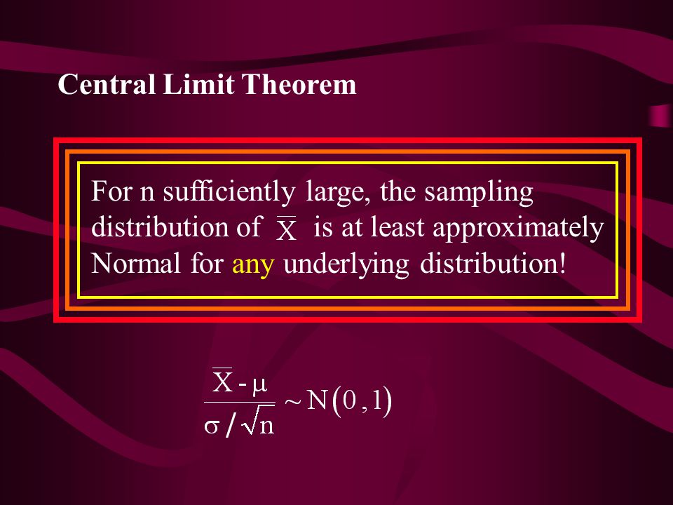 Central Limit Theorem For n sufficiently large, the sampling distribution of is at least approximately Normal for any underlying distribution!