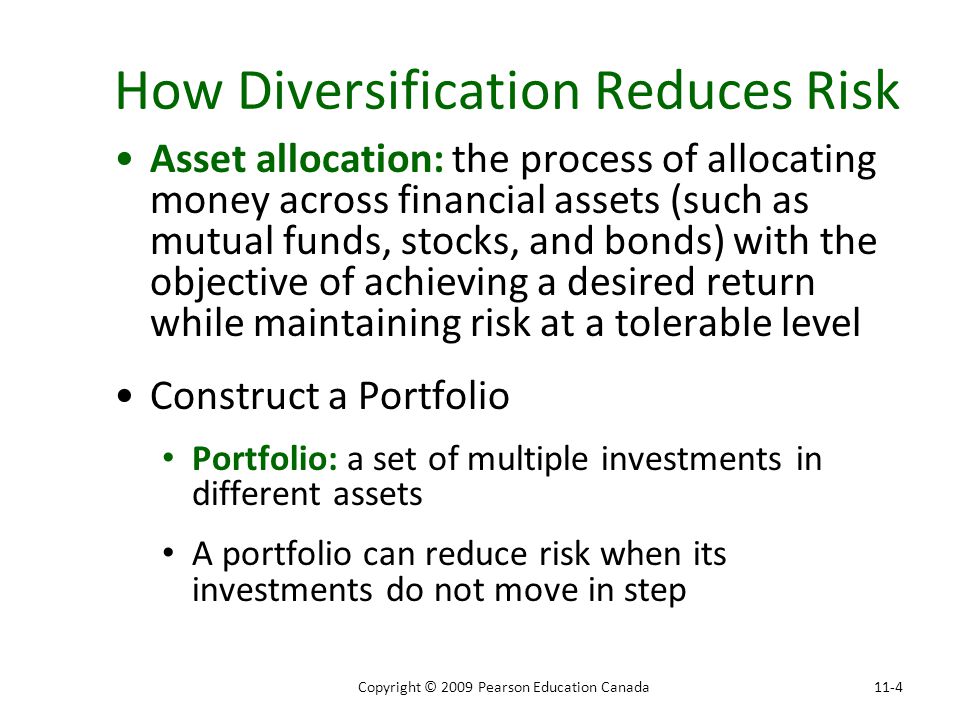 How Diversification Reduces Risk Asset allocation: the process of allocating money across financial assets (such as mutual funds, stocks, and bonds) with the objective of achieving a desired return while maintaining risk at a tolerable level Construct a Portfolio Portfolio: a set of multiple investments in different assets A portfolio can reduce risk when its investments do not move in step 11-4Copyright © 2009 Pearson Education Canada